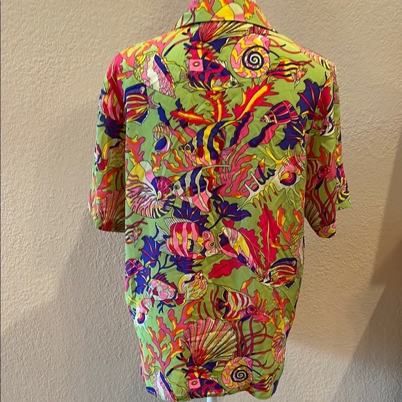 Green Pink Yellow Silk Button Down Shirt with Tropical Print Sz M - Picture 4 of 6